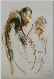 Drawing by Stanley Roseman, "Two Trappist Monks at Vigils," 1982, Abbey of La Trappe, France, chalks on paper, Private collection, Michigan. � Stanley Roseman.