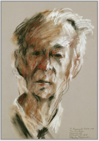 Drawing by Stanley Roseman, "Father Xavier,� 1978, Archabbey of Pannonhalma, Hungary, chalks on paper, Mus�es Royaux des Beaux-Arts de Belgique � Art Moderne, Brussels. � Stanley Roseman.