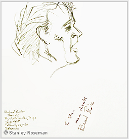 Drawing by Stanley Roseman of Richard Burton in "Equus," 1976, pencil on paper. Drawing autographed and inscribed, "To Stan many thanks Richard Burton." � Stanley Roseman